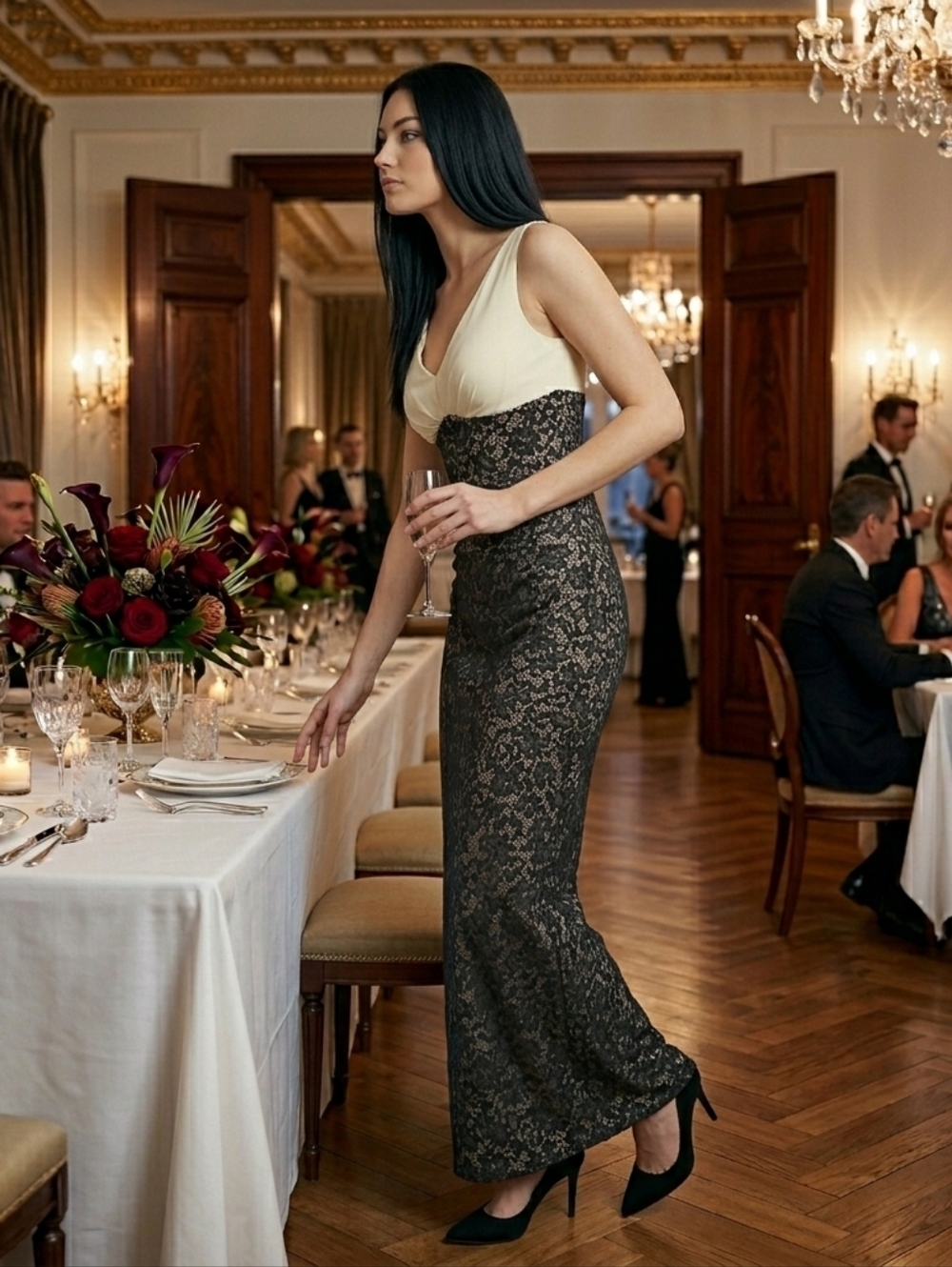 NWOT Cesar Galindo | Cream Bodice Lace High Back Slit Red Lining Sz 4 Gown - Picture 3 of 15